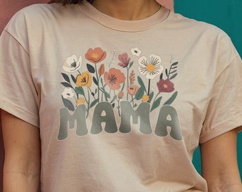 Retro Mama T-shirt, Wildflower Tee voor vrouwen, Floral Mom Shirt, Moederdag Cadeau, Mama Floral Tee, Retro Vintage Design, Groovy Oversized T