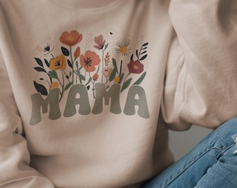 Sudadera retro mamá, suéter de flores silvestres para mujer, camisa floral de mamá, regalo del día de la madre, cuello redondo floral, diseño retro vintage, camiseta de gran tamaño