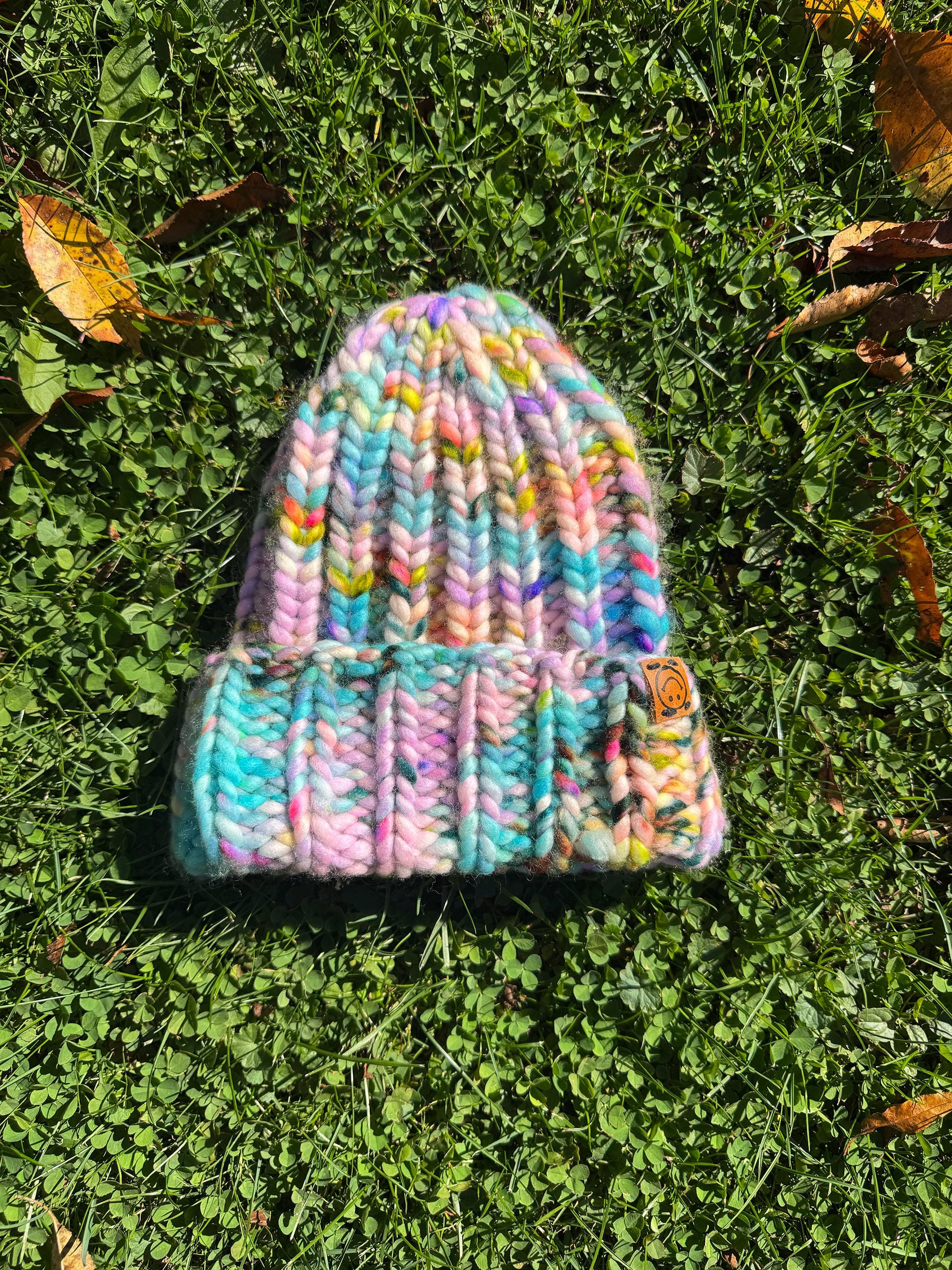 Hand Knit Chunky Merino Wool Beanie: Pastel Rainbow Speckled  display picture 2