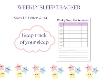 May include: A printable weekly sleep tracker with a pink cloud and the text "Keep track of your sleep". The tracker has columns for day, bedtime, wake-up time, hours slept, and notes.