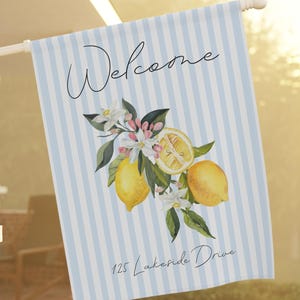 Personalized Preppy Flag, Custom Blue White Stripes Garden Flag, Lemon Welcome Home Flag, Chinoiserie Flag, Coastal Lemon Trellis Yard Decor