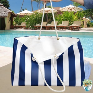 Cabana Stripe Weekender Bag Navy Blau Cabana Stripe Reise Tragetasche Groß Sommer Strand Tote Nautische Strandtasche Urlaub Handmachen Pool Tasche
