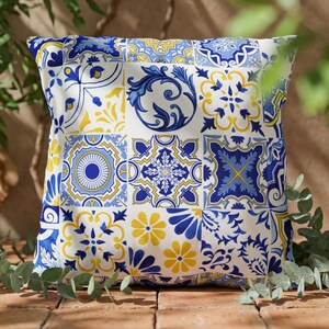 Blue and White Tile Outdoor Pillows, Cover + Pillow Insert Mediterranean Tile Print Pillows, Sicilian Tile Indoor/Outdoor Decorative Pillow
