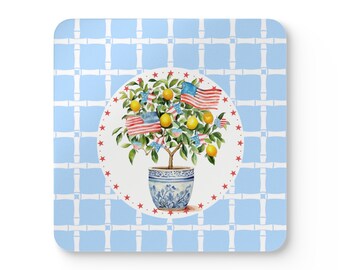 Americana Lemon Tree Topiary Chinoiserie Ginger Jar Cork Coaster Set of 4, Blue and White Cork Coaster Set, Summer Patriotic Entertaining