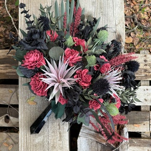 Goth Alternative Bridal Wedding Bouquet with Natural Black Crystal Handle made with Faux Florlas