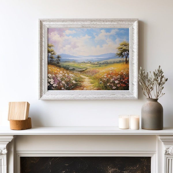 Spring Countryside Landscape Oil Painting - Rolling Hills, Wildflowers, Serene Atmosphere, Impressionist Style - Digital Download