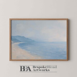 Arte mural imprimible con horizonte oceánico: descarga de pintura costera minimalista para un dormitorio sereno, una decoración de oficina tranquila o paredes de sala de estar.