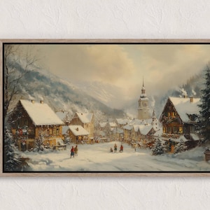 Vintage Winter Village Painting, Winter Scenes, Printable Winter Landscape, Winter Wall Art Print, Country Winter Print, Cottagecore Prints