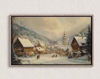 peinture vintage village d'hiver, scènes d'hiver, paysage d'hiver à imprimer, impression d'art mural hiver, impression campagne hiver, impressions Cottagecore