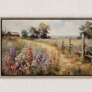 Printable Wildflower Field Landscape Oil Painting, Vintage Landscape Art Print, Country Field Wall Art Digital Download, Bedroom Landscape
