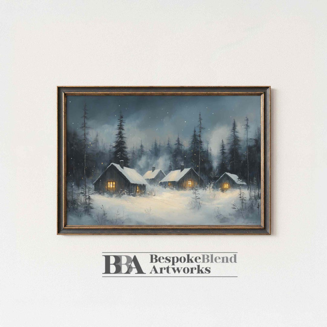 Cozy Winter Cabin Wall Art Printable – Snowy Forest Cottage Village ...