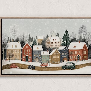 Vintage Winter Village Painting, Winter Scenes, Printable Winter Landscape, Winter Wall Art Print, Country Winter Print, Cottagecore Prints