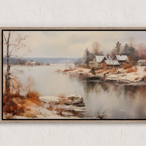 Vintage Winter Village Painting, Winter Scenes, Printable Winter Landscape, Winter Wall Art Print, Country Winter Print, Cottagecore Prints