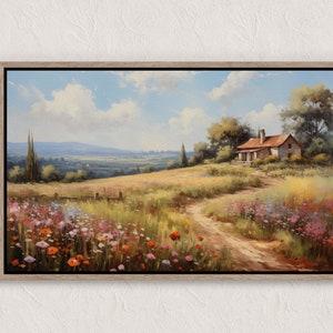 Printable Wildflower Field Landscape Oil Painting, Vintage Landscape Art Print, Country Field Wall Art Digital Download, Bedroom Landscape
