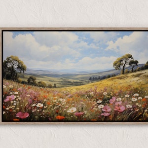 Printable Wildflower Field Landscape Oil Painting, Vintage Landscape Art Print, Country Field Wall Art Digital Download, Bedroom Landscape