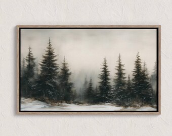 Vintage Winter Pine Forest Print, Rustic Snowy Landscape Painting, Antique Evergreen Décor, Digital Download, Farmhouse Printable Wall Art
