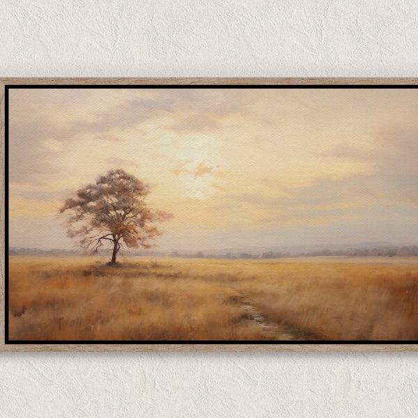 Autumn Landscape Oil Painting: Golden Meadows, Lone Tree Scene, Soft Light, Neutral Colors, Calm & Relaxing - Printable Digital Download