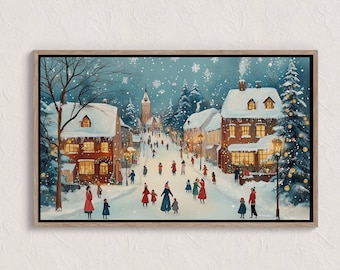 peinture vintage village d'hiver, scènes d'hiver, paysage d'hiver à imprimer, impression d'art mural hiver, impression campagne hiver, impressions Cottagecore