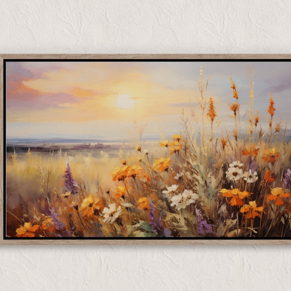 Wildflower Meadow Sunset: Vintage Style Oil Painting, Purple & Yellow Flowers, Highly Detailed Panoramic Landscape, Printable Download