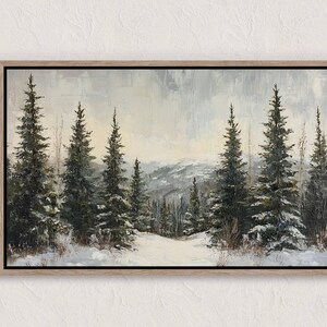 Pintura de bosque de invierno, impresión navideña, arte de pared imprimible, decoración navideña, paisaje de invierno nevado, árboles de hoja perenne, pintura de acuarela