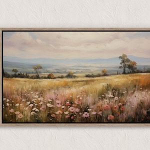 Printable Wildflower Field Landscape Oil Painting, Vintage Landscape Art Print, Country Field Wall Art Digital Download, Bedroom Landscape