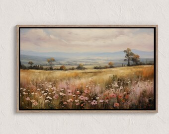 野の花畑の風景油絵、ヴィンテージ風景画 - Etsy 日本