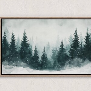 Pintura de bosque de invierno, impresión navideña, arte de pared imprimible, decoración navideña, paisaje de invierno nevado, árboles de hoja perenne, pintura de acuarela