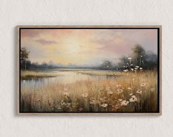 Pintura de campo de flores silvestres, arte de parede para impressão de paisagens vintage, decoração de casa de fazenda, arte da natureza para download no quarto, impressão em tons quentes