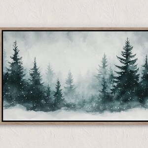 Pintura de bosque de invierno, impresión navideña, arte de pared imprimible, decoración navideña, paisaje de invierno nevado, árboles de hoja perenne, pintura de acuarela