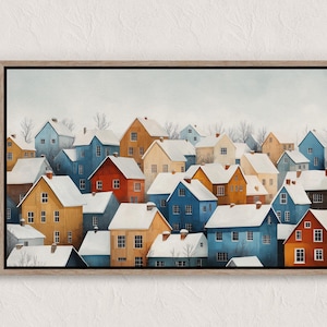 Vintage Winter Village Painting, Winter Scenes, Printable Winter Landscape, Winter Wall Art Print, Country Winter Print, Cottagecore Prints