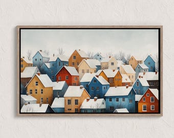 peinture vintage village d'hiver, scènes d'hiver, paysage d'hiver à imprimer, impression d'art mural hiver, impression campagne hiver, impressions Cottagecore