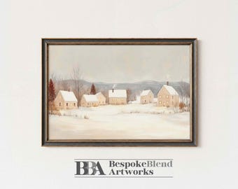 May include: A framed landscape painting depicts a snow-covered village with several houses and trees. The artwork is in a muted color palette of beige, gray, and brown. The frame is dark brown. The text "BBA BespokeBlend Artworks" is at the bottom.