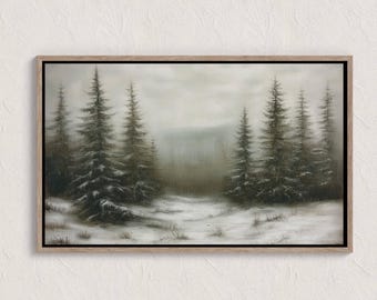 Vintage Winter Pine Forest Print, Rustic Snowy Landscape Painting, Antique Evergreen Decor, Digital Download, Farmhouse Printable Wall Art