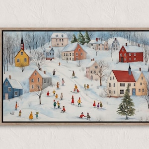 Vintage Winter Village Painting, Winter Scenes, Printable Winter Landscape, Winter Wall Art Print, Country Winter Print, Cottagecore Prints