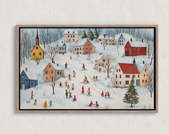 peinture vintage village d'hiver, scènes d'hiver, paysage d'hiver à imprimer, impression d'art mural hiver, impression campagne hiver, impressions Cottagecore