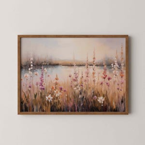 Wildflower Landscape Art, Vintage Oil Painting Digital Download, Printable Country Field Wall Art, Neutral Rustic Decor, Boho Bedroom Print