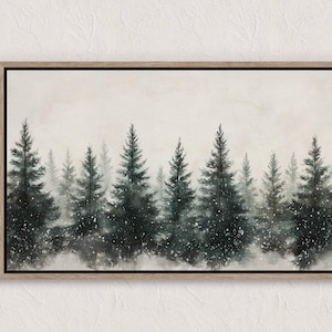 Pintura de bosque de invierno, impresión navideña, arte de pared imprimible, decoración navideña, paisaje de invierno nevado, árboles de hoja perenne, pintura de acuarela