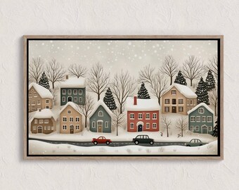 peinture vintage village d'hiver, scènes d'hiver, paysage d'hiver à imprimer, impression d'art mural hiver, impression campagne hiver, impressions Cottagecore