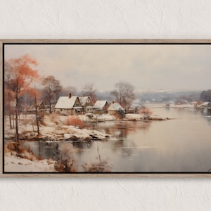 Vintage Winter Village Painting, Winter Scenes, Printable Winter Landscape, Winter Wall Art Print, Country Winter Print, Cottagecore Prints
