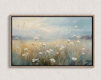 Pintura a óleo de campo de flores silvestres, paisagem vintage, arte de parede para impressão, decoração de casa de fazenda, arte de quarto para download, impressão de cena rural