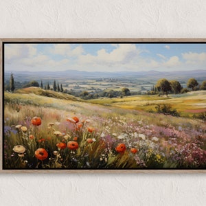 Printable Wildflower Field Landscape Oil Painting, Vintage Landscape Art Print, Country Field Wall Art Digital Download, Bedroom Landscape