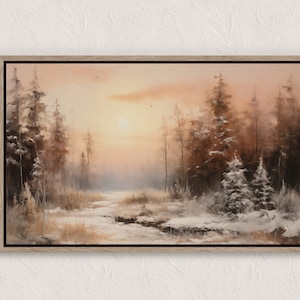 Vintage Winter Village Painting, Winter Scenes, Printable Winter Landscape, Winter Wall Art Print, Country Winter Print, Cottagecore Prints