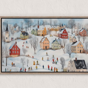 Vintage Winter Village Painting, Winter Scenes, Printable Winter Landscape, Winter Wall Art Print, Country Winter Print, Cottagecore Prints