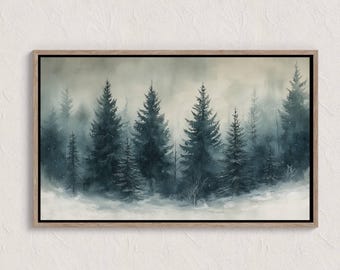 Vintage Winter Pine Forest Print, Rustic Snowy Landscape Painting, Antique Evergreen Décor, Digital Download, Farmhouse Printable Wall Art