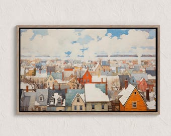 Vintage Winter Village Painting Printable Winter Scenes Landscape Wall Art Country Snowy Cottage Print Cozy Christmas Decor Cottagecore