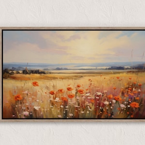Printable Wildflower Field Landscape Oil Painting, Vintage Landscape Art Print, Country Field Wall Art Digital Download, Bedroom Landscape