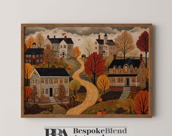 Puede incluir: Pintura enmarcada de un paisaje otoñal con un camino sinuoso que atraviesa un pueblo con casas y árboles en tonos naranja, rojo y amarillo. La obra de arte tiene un estilo rústico, con calabazas y un cielo nublado.