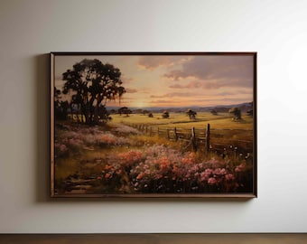 Country Landscape Wall Art Farmhouse Printable Decor Pastel Sunset Scene Wildflower Meadow Digital Download Golden Hour Print for Home