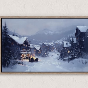 Vintage Winter Village Painting, Winter Scenes, Printable Winter Landscape, Winter Wall Art Print, Country Winter Print, Cottagecore Prints