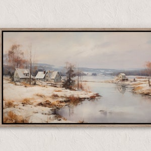 Vintage Winter Village Painting, Winter Scenes, Printable Winter Landscape, Winter Wall Art Print, Country Winter Print, Cottagecore Prints